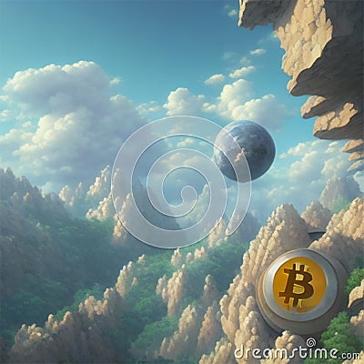 Bitcoin in the mountains ready to go to the moon Stock Photo