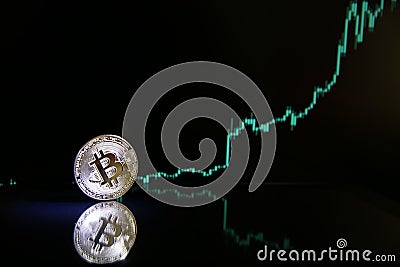 Bitcoin on the background of bullish stock chart Stock Photo