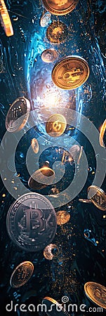 Bitcoin background. A conceptual image of digital coins floating in a virtual space. Stock Photo
