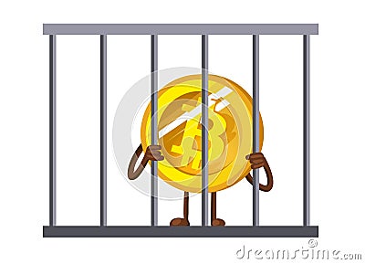 Bitcoin Ban. BTC illegal. Cartoon bitcoin in prison vector illustration. Funny bitcoin. Prohibition of trade in bitcoins Vector Illustration