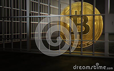 Bitcoin ban, imprison or illegal. Big troubles of Bitcoin or other cryptocurrencies. 3D rendering Stock Photo