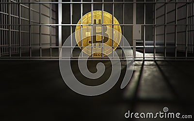 Bitcoin behind the bars. Big troubles of Bitcoin or other cryptocurrencies. Copyspace below. 3D rendering Stock Photo