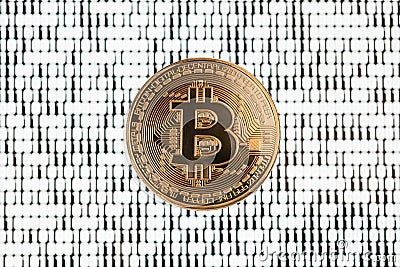 Bitcoin on binary code blurred background Stock Photo