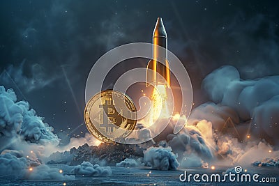 Bitcoin Blastoff: Cryptocurrency Rocketing into the Stratosphere Stock Photo