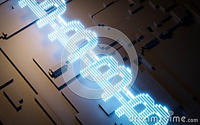 bitcoin block chain crypto currency abstract visualization with technology background and glowing blue bitcoin symbol 3d Cartoon Illustration
