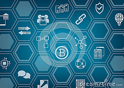 Bitcoin and blockchain blue and grey background with blurred city skyline and polygon overlay Vector Illustration