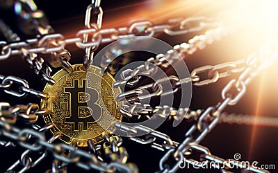 Bitcoin blockchain concept. Bitcoin cryptocurrency connected with chains. 3D rendering Stock Photo