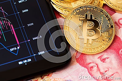 Bitcoin Blockchain concept Online banking and trading close up renminbi yuan bitcoin china Stock Photo