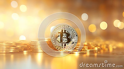 Bitcoin on blurred defocused yellow abstract background with copy space for text placement Stock Photo