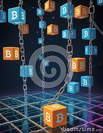 Bitcoin Cubic Node in Chain Network AI Generative Stock Photo