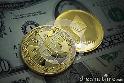 Bitcoin, BTC, Bit Coin. Crypto currency Ethereum, ETH, Crypto Coins Editorial Stock Photo