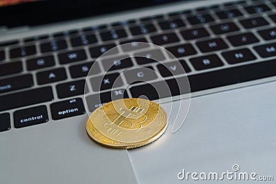 Bitcoin btc cryptocurrency as decentralized finance payment on computer keyboard. Concept of digital Editorial Stock Photo