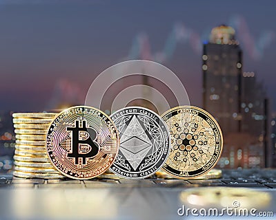 Bitcoin BTC cryptocurrency coin with altcoin digital crypto currency tokens, ETH Ethereum, ADA Cardano for defi Editorial Stock Photo