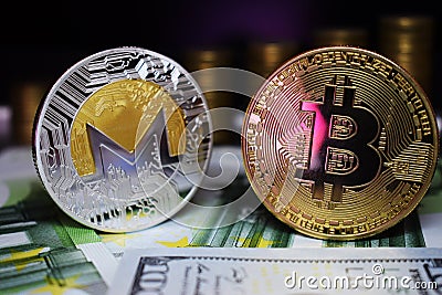 Bitcoin BTC and Monero XRM coin on banknotes, against the background of money growing stairs. Editorial Stock Photo