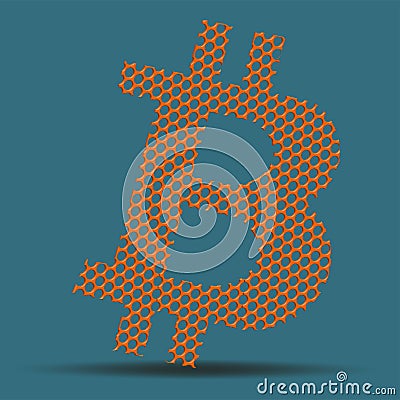Bitcoin BTC sign from 3d holey mesh like cheese isolated on blue background. BTC symbol of modern digital gold and money Vector Illustration