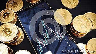 Bitcoin btc with smartphone, Blockchain cyptocurrency b, Mobile phone next to stacks of bitcoins, 3d Rendering. Stock Photo