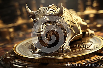 a bitcoin bull animal statue sitting on bitcoin Stock Photo