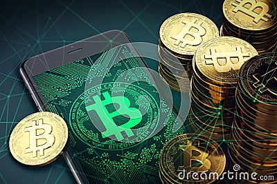 Bitcoin Cash symbol on-screen among piles of BCC/BCH coins. Stock Photo