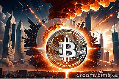 Bitcoin is the cause of world destruction, 3d illustration, Trading concept Cartoon Illustration