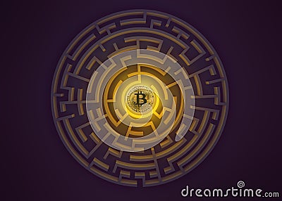 Bitcoin in the central point of maze view from above. Stock Photo
