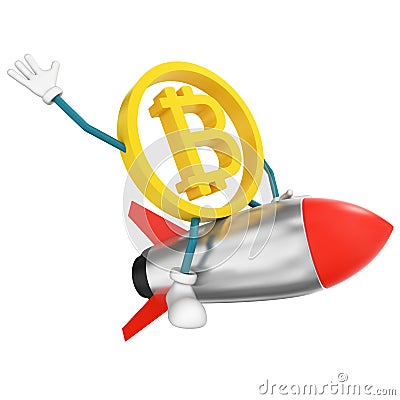 Bitcoin character flying on rocket Stock Photo