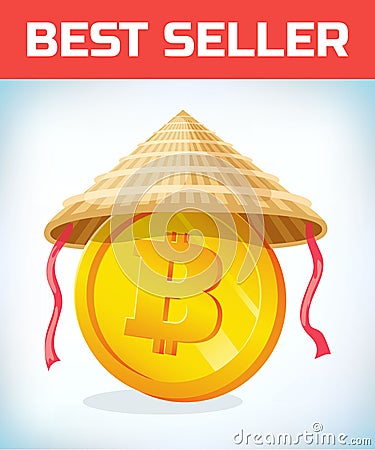 Bitcoin in Chinese straw hat. Bitcoin. Digital currency. Crypto currency. Money and finance symbol. Miner bit coin Vector Illustration