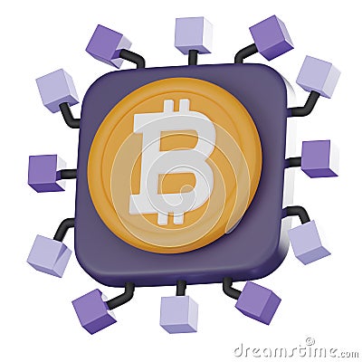Bitcoin chip crypto currency on microprocessor icon 3D render Cartoon Illustration