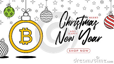 Bitcoin christmas greeting card in trendy line style. Merry Christmas and Happy New Year outline cartoon Sports banner. bitcoin as Vector Illustration