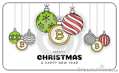 Bitcoin christmas greeting card in trendy line style. Merry Christmas and Happy New Year outline cartoon Sports banner. bitcoin as Vector Illustration