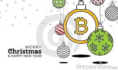 Bitcoin christmas greeting card in trendy line style. Merry Christmas and Happy New Year outline cartoon Sports banner. bitcoin as Vector Illustration