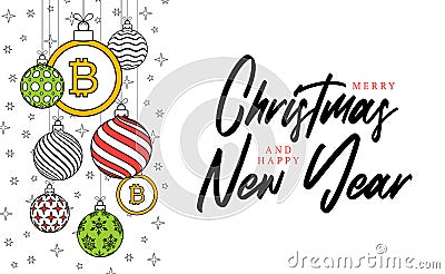 Bitcoin christmas greeting card in trendy line style. Merry Christmas and Happy New Year outline cartoon Sports banner. bitcoin as Vector Illustration