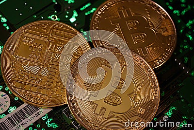 Bitcoin with Circuit Board Stock Photo