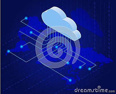 Bitcoin in cloud. Bitcoin mining isometric flat vector concept. Cloud technology. Virtual money. Flat 3d isometry Vector Illustration