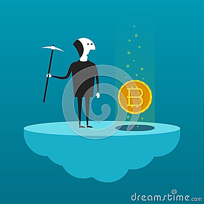 Bitcoin cloud mining vector concept with pick and pit Vector Illustration