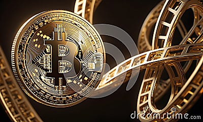 Bitcoin Coin Amidst Golden Spirals AI Generative Stock Photo