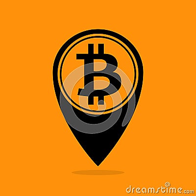 Bitcoin coin black icon on orange background, symbol bitcoin for use location pin logo, bitcoin symbol for map pointer concept Vector Illustration