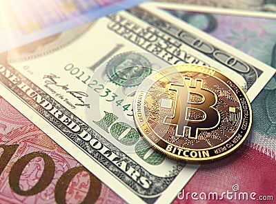 Bitcoin coin on Chinese Yuan bills. Stable situation of Bitcoin in China concept. 3D rendering Stock Photo