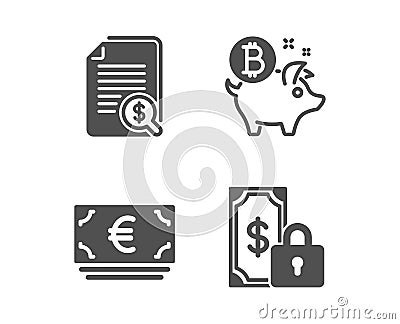 Bitcoin coin, Euro currency and Financial documents icons. Private payment sign. Vector Vector Illustration