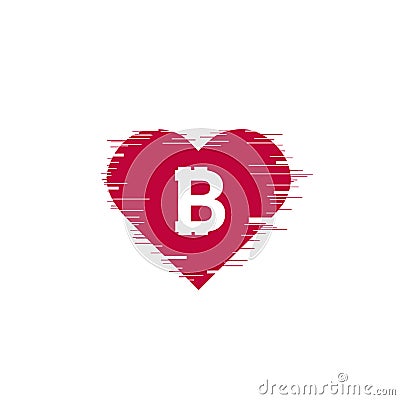 Bitcoin coin with fast speed motion lines and glitch heart Vector Illustration
