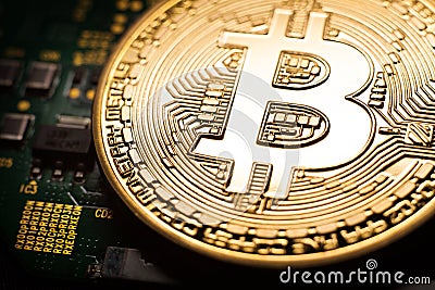 Bitcoin coin on green circuit background. Cryptocurrency, virtual money. Blockchain technology, concept. Editorial Stock Photo