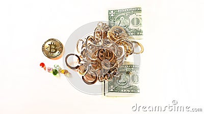 Bitcoin coin, money and gold, gems photo top view layout. Concept of mining business, wealth, fortune, template modern Stock Photo