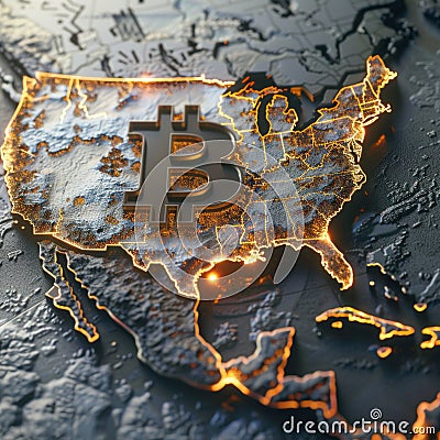 Bitcoin coin on political map of North America, on the territory of united states, use of cryptocurrency worldwide Stock Photo