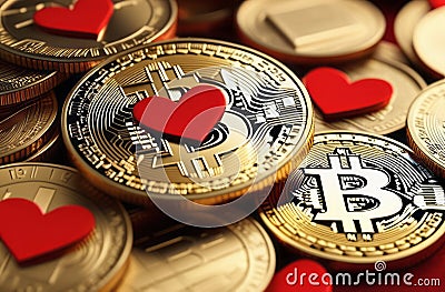 Bitcoin coin with red hearts on the red background, love, Bitcoin physical coin on red hearts for fans of Stock Photo