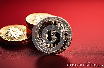 Bitcoin coin with red hearts on the red background, love, Bitcoin physical coin on red hearts for fans of Stock Photo