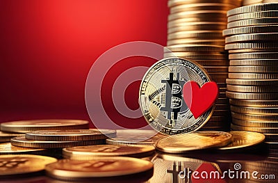 Bitcoin coin with red hearts on the red background, love, Bitcoin physical coin on red hearts for fans of Stock Photo