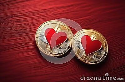 Bitcoin coin with red hearts on the red background, love, Bitcoin physical coin on red hearts for fans of Stock Photo