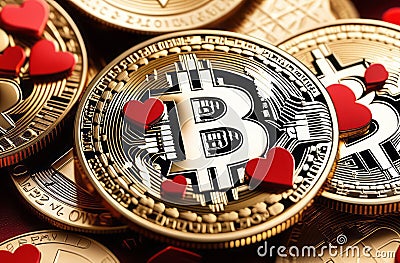 Bitcoin coin with red hearts on the red background, love, Bitcoin physical coin on red hearts for fans of Stock Photo