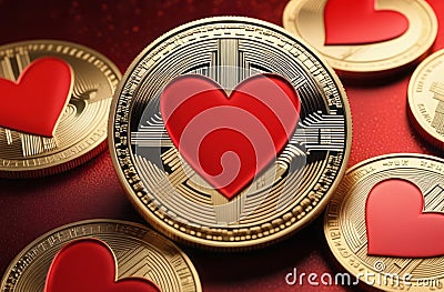 Bitcoin coin with red hearts on the red background, love, Bitcoin physical coin on red hearts for fans of Stock Photo