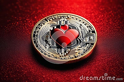 Bitcoin coin with red hearts on the red background, love, Bitcoin physical coin on red hearts for fans of Stock Photo