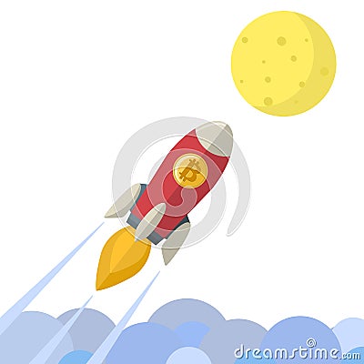 Bitcoin coin rocket flying go to the moon cartoon Vector Illustration